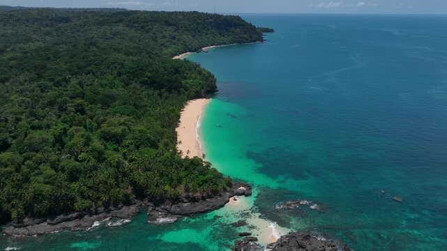 Tropical sand beach on S&atilde;o Tom&eacute; and Pr&iacute;ncipe, drone perspective