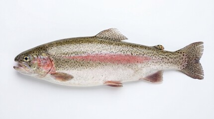 Obraz premium Fresh whole rainbow trout fish showing its characteristic pink lateral stripe and speckled scales