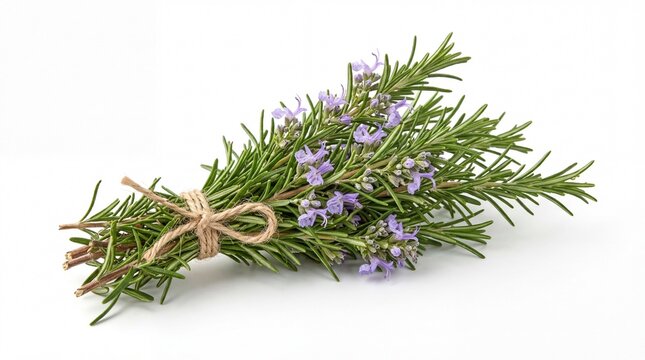 A fresh bundle of aromatic green rosemary sprigs tied together with a natural brown twine string