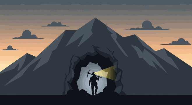 Intrepid miner exploring a mountain cave, illuminating the unknown depths with determination and