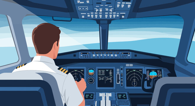 Inside the cockpit, a pilot navigates, showcasing advanced instrumentation, embodying skill and