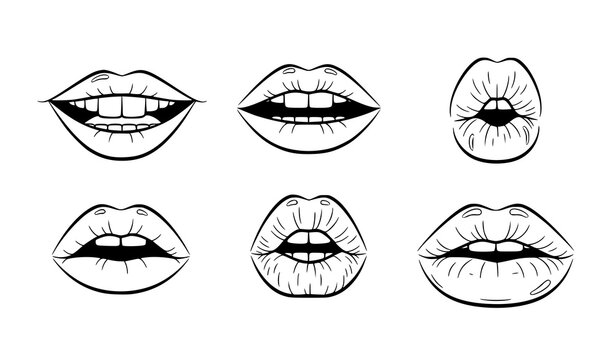Sexy lips expressions outline vector kiss smile and glossy lip shapes set