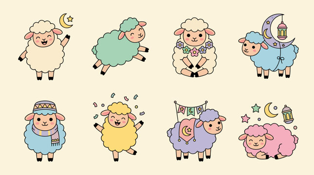 Cute Cartoon Sheep Collection for Eid al-Adha Celebration.