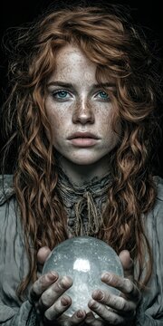 Mystic Redhead Woman Holding Crystal Ball with Intense Gaze