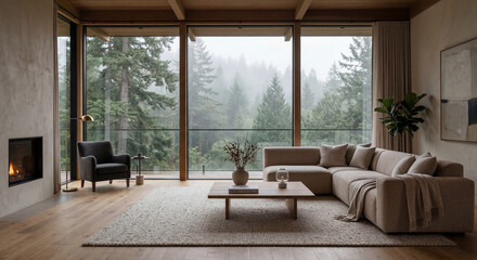 Fototapeta premium Cozy Modern Living Room With Fireplace and Panoramic Forest View Through Floor-to-Ceiling Windows