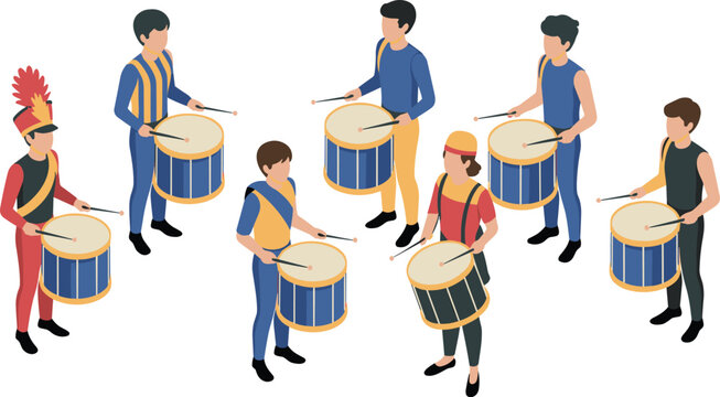 Marching band drummers performing music, isometric people playing drums, parade musicians group, festival performance vector illustration isolated flat design style