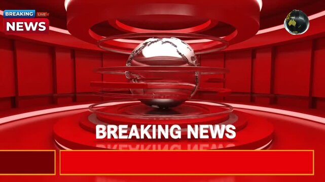 A breaking news video graphic with a red background and a globe