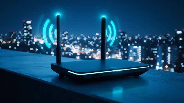 A modern black wireless router with illuminated blue neon accents and glowing wifi signals sits on a rooftop ledge. The blurred cityscape at night forms a vibrant background.
