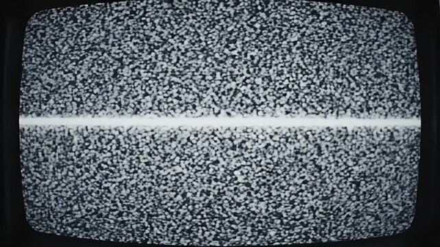 Static TV screen displays a speckled, grayscale pattern with a horizontal white line