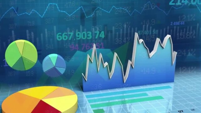 A video showcasing a colorful 3D graph with pie charts and bar graphs on a blue background