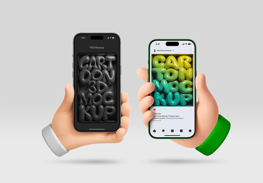 Phone Mockup - 3D Cartoon, Hands Holding (2 Objects)