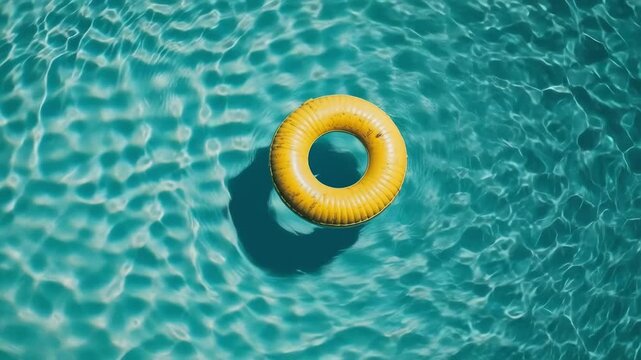 A yellow lifebuoy floating on the surface of the water. View from above. Generative AI video