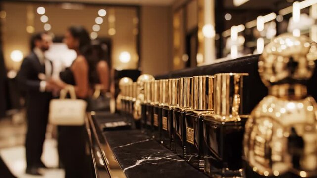In a high-end fragrance boutique, well-dressed guests enjoy an elegant evening. Golden perfume bottles shine under soft lighting, as soft murmurs of lively conversation fill the air.