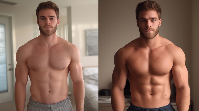 Progress photos arranged chronologically showing body recomposition changes, gym membership card and training log beside images, bedroom desk with motivational quotes, perfect for transformation