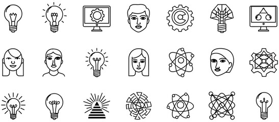 Black and white line icon set featuring light bulbs gears atomic structures faces and technology symbols representing creativity science and innovation © MSTShahanaz