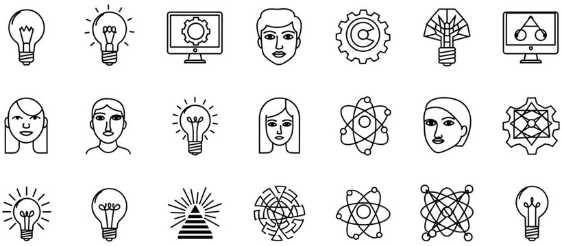 Black and white line icon set featuring light bulbs gears atomic structures faces and technology symbols representing creativity science and innovation
