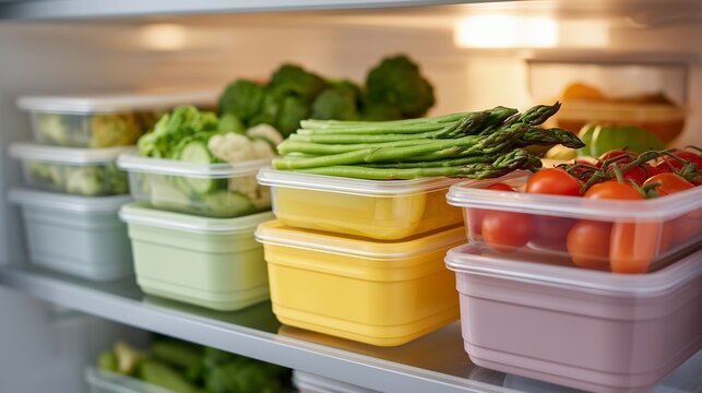 Refrigerator interior organized with labeled meal prep containers stacked by date, fresh vegetables in crisper drawer, weekly menu taped to door, perfect for nutrition planning healthy eating