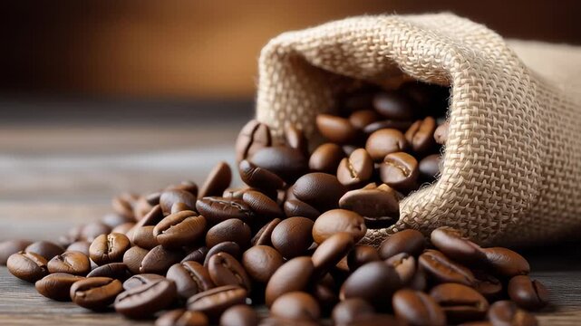 Roasted coffee beans spilling from burlap sack on wooden table creating warm rustic atmosphere of freshness and natural product