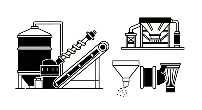 Industrial processing equipment icons representing manufacturing and production stages with conveyor belts and hoppers for material handling and processing
