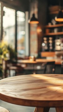 A wooden table in a cozy cafe with blurred background and natural light