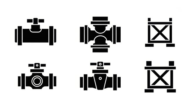 Set of stylized icons representing plumbing and construction elements, featuring valves and crates for industrial or utility applications