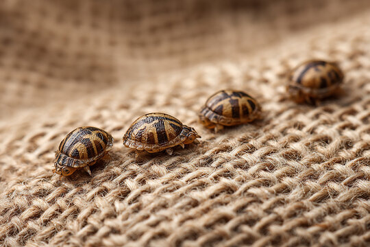 Four small turtles walk in a line on burlap.
