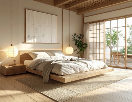 Ruhiges Japandi Schlafzimmer mit nat&uuml;rlichen Materialien