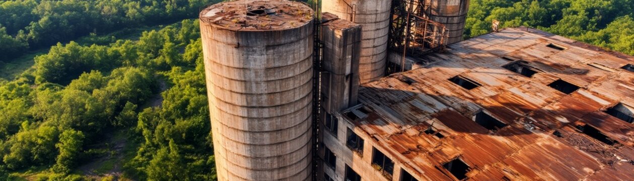 Aerial view Golden hour highlights decaying concrete silos and rusty factory roof, contrasting with a vibrant green forest reclaiming abandoned industrial ruins. ,Urban Decay,Nature
