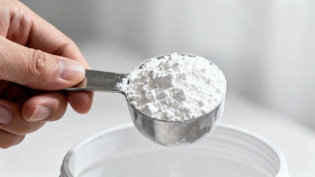 Person's hand holds a stainless steel measuring spoon overflowing with white protein powder or cornstarch over a plastic jar in a bright indoor setting.