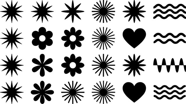 Decorative shapes silhouette vector illustration collection, thirty black icons showing stars, flowers, hearts, bursts, and wavy line patterns