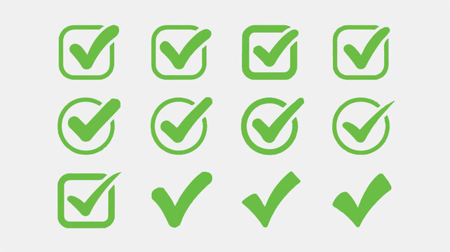 Collection of green checkmark icons in various shapes and styles for approval and confirmation