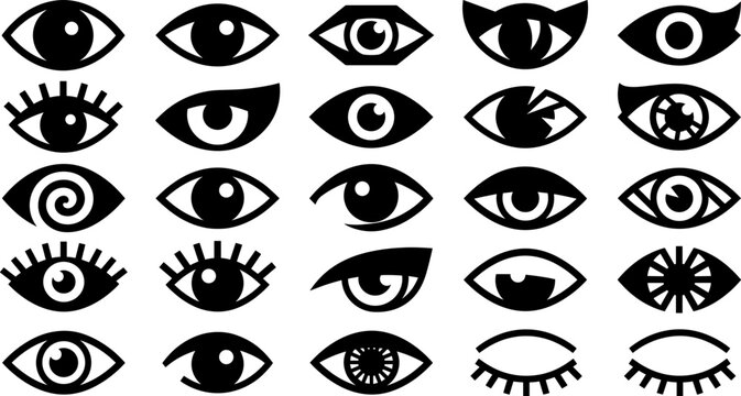 Eye symbol silhouettes vector illustration featuring geometric pupils, stylized lashes, artistic vision motifs, perception awareness, and decorative designs