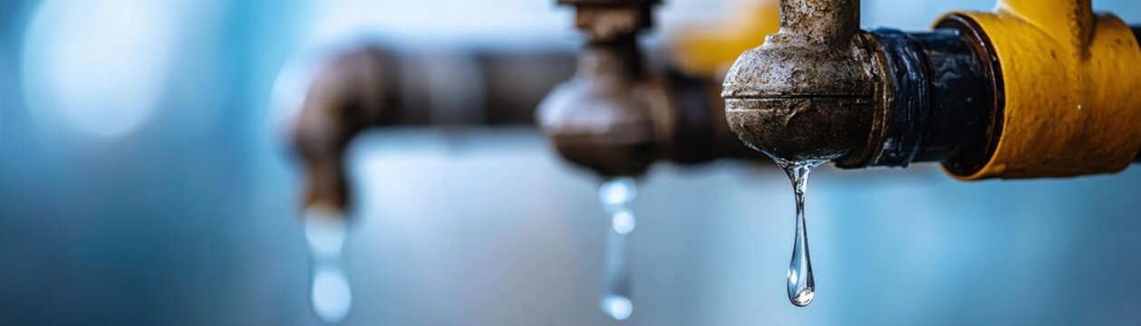Close-up A single, brilliant water drop falls from a corroded metal pipe, a stark visual of water loss and the critical need for conservation. Leak, Drip. Plumbing, Waste