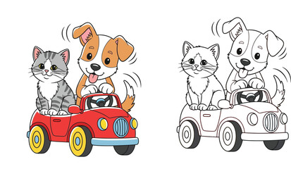 Cute cartoon cat and dog riding in a red toy car illustration, including black and white outline vector for coloring book page, puppy and kitten driving together for kids education. © SHOHAG