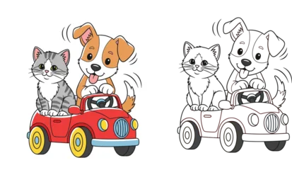 Fotobehang Auto Cute cartoon cat and dog riding in a red toy car illustration, including black and white outline vector for coloring book page, puppy and kitten driving together for kids education.  © SHOHAG