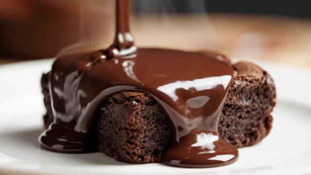 Decadent chocolate sauce pouring over rich brownies on an isolated white background, a tempting sweet dessert.