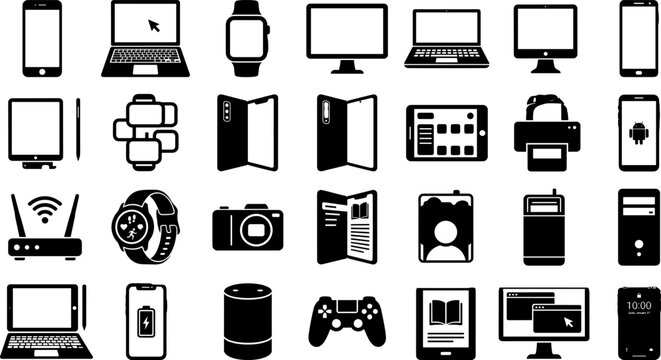 Technology devices silhouette vector illustration collection, black icons showing smartphones, laptops, tablets, cameras, routers, and gaming controllers