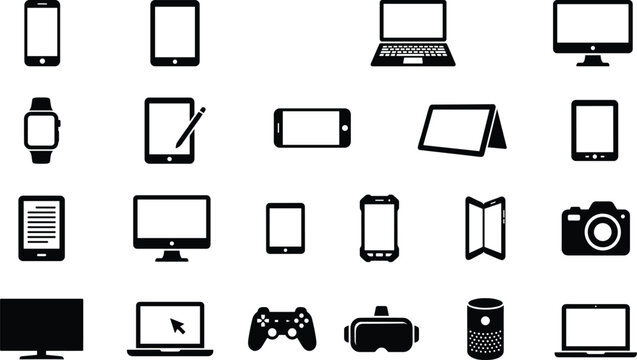 Technology devices silhouette vector illustration collection, twenty black icons showing smartphones, laptops, tablets, cameras, VR headsets, and speakers
