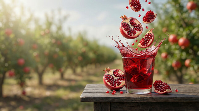 Red pomegranate juice splash with falling arils and fruit halves on a rustic wooden table