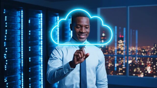 A smiling man in professional attire stands in a modern data center at night. He interacts with a glowing cloud icon, with a cityscape visible through a large window behind him.