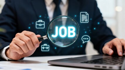 Fototapeta premium Businessman in a navy suit holds a magnifying glass over a glowing blue job icon with briefcase and document symbols floating while working on a silver laptop at a white desk.