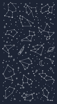 Collection of various constellations and celestial bodies on a dark starry night sky background