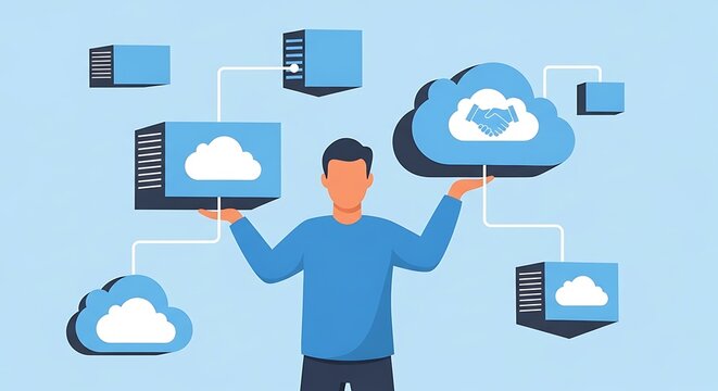Cloud Computing Services and Digital Infrastructure with a Person Balancing Servers and Data Storage