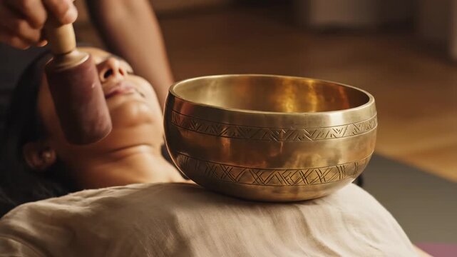 In a calming atmosphere, a dedicated practitioner gently strikes a singing bowl above a relaxed individual, creating soothing sound waves. This moment captures the essence of mindfulness and healing.