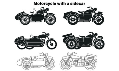 vintage motorcycle with sidecar black and white line art illustration © MdRakibul
