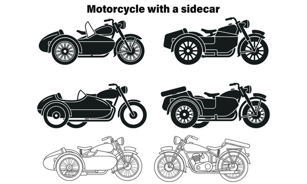 vintage motorcycle with sidecar black and white line art illustration