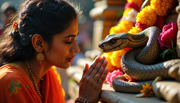 Woman praying with snake statue beside vibrant flowers during festival. Ritual includes offerings of marigolds and fruits, symbolizing spirituality and devotion in the celebration.
