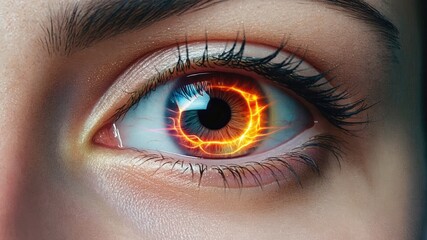 Fototapeta premium Close up of a human eye with vibrant orange and blue digital artwork