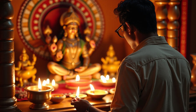 Worshipping goddess with candles and offerings during festival celebration, individual offers prayers with devotion in front of Hindu deity idol. Concept of traditional worship and spirituality.