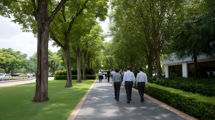 Fototapeta premium Professionals walking along a tree lined path in a serene corporate campus with lush greenery and modern architecture